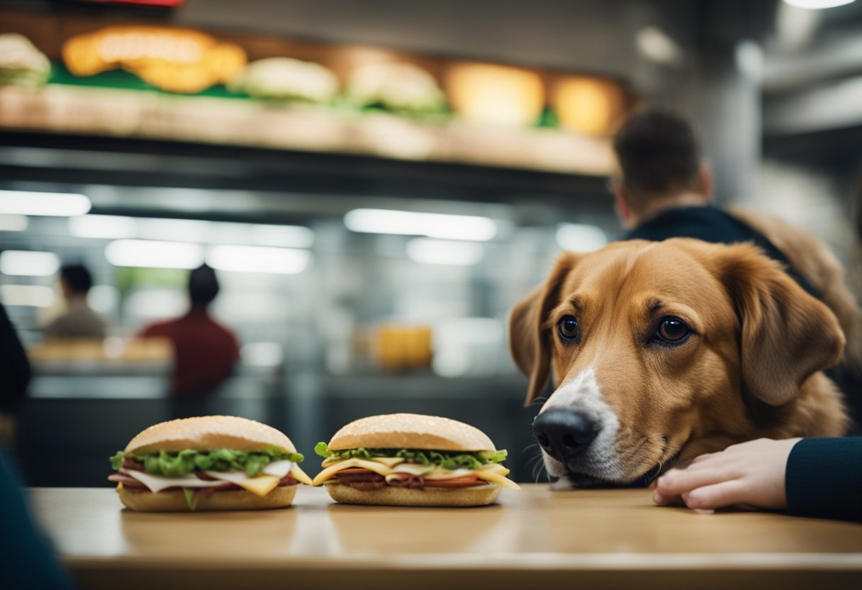 A dog eagerly eyes a Subway sandwich on a table, while a concerned owner looks on, unsure if it's safe for their pet to eat.