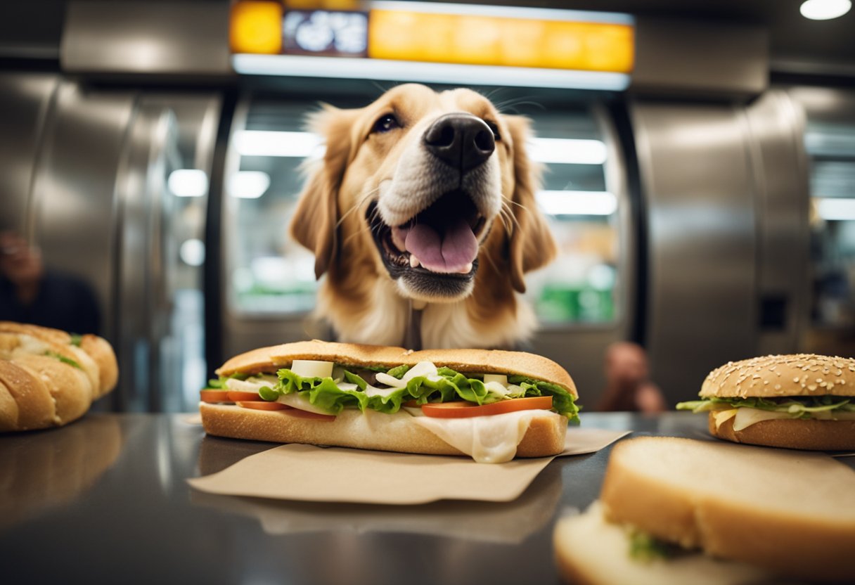 A happy dog enjoying a Subway sandwich with safe ingredients, while being given an occasional treat by its owner.