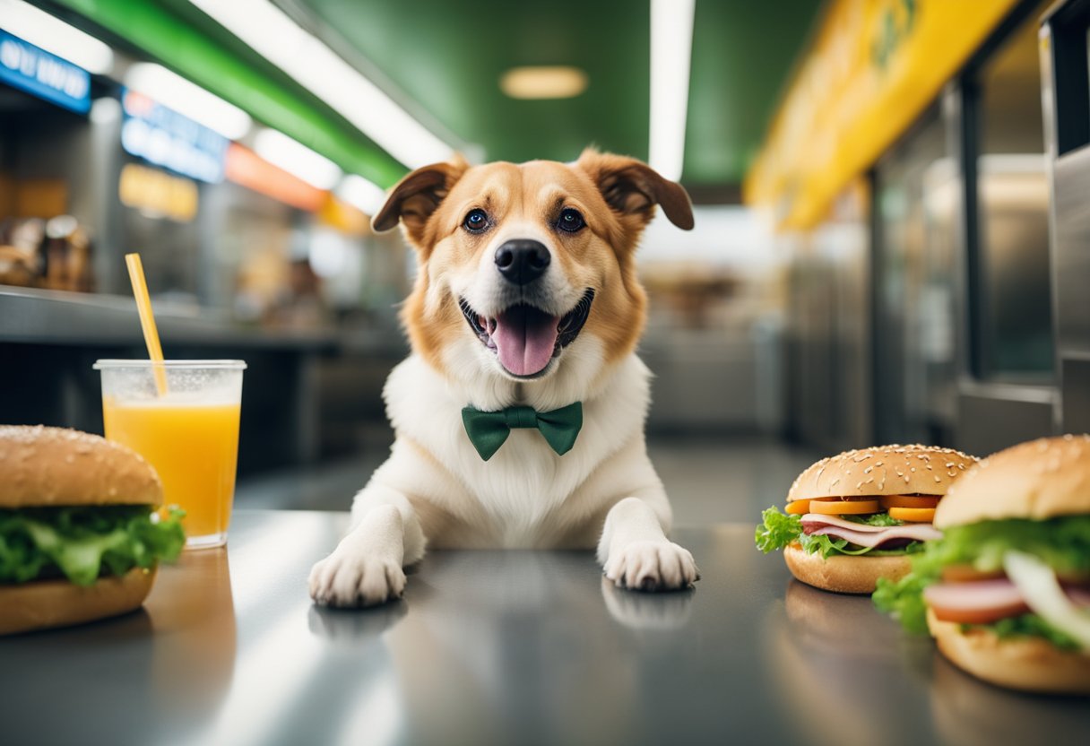 A happy dog sits in front of a customized Subway sandwich, with dog-friendly ingredients like turkey, cheese, and vegetables