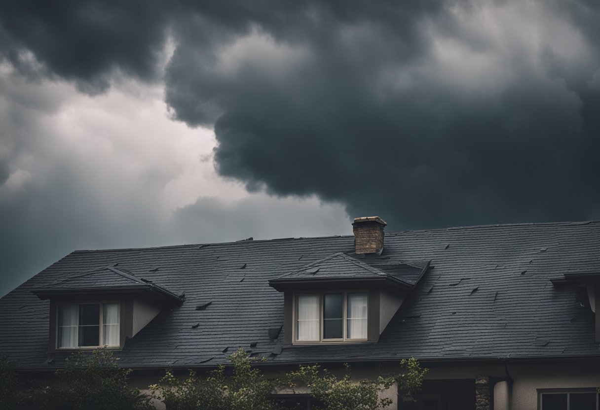 Dark clouds loom over a house with missing shingles, sagging areas, and visible water damage. Gutters overflow and debris collects, while sunlight highlights cracked or curling roof materials