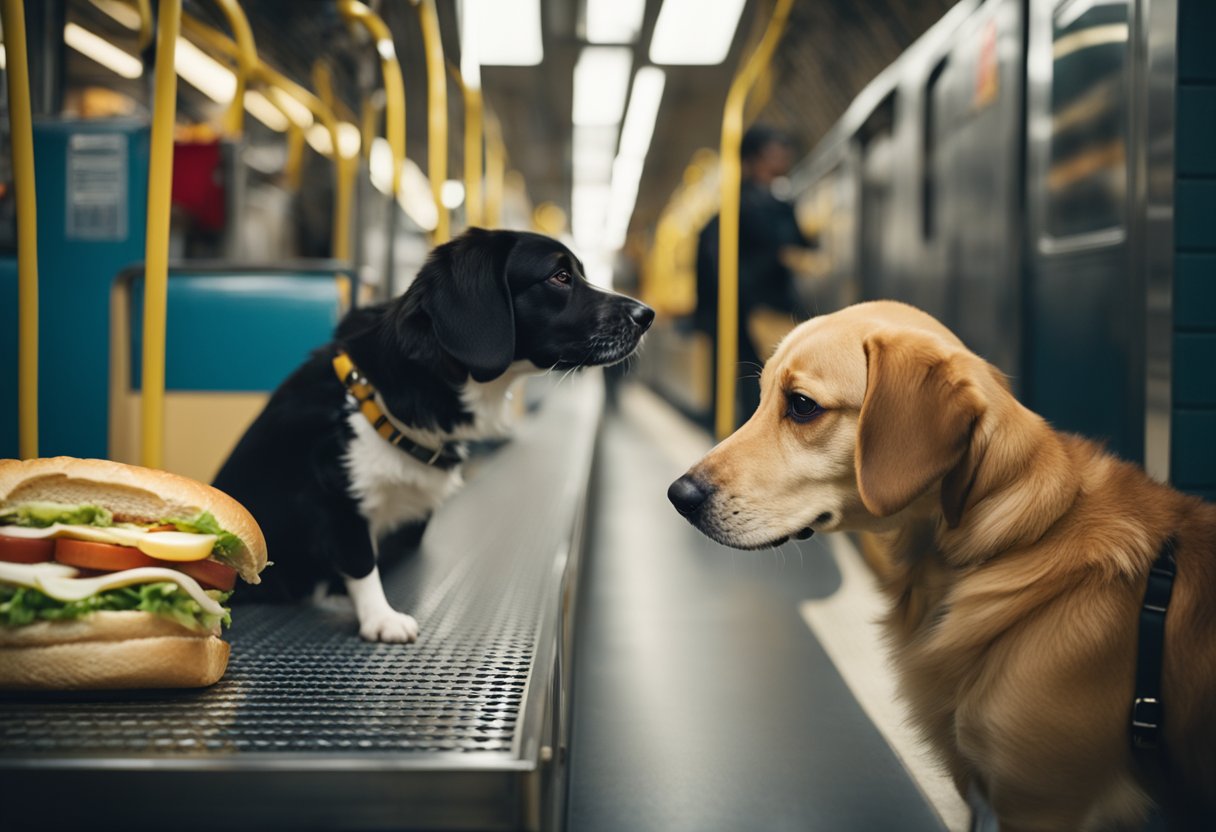 A dog eagerly sniffs a Subway sandwich, while a concerned owner looks on. The dog's tail wags as it eagerly awaits a bite, while the owner hesitates, unsure if it's safe for their furry friend to indulge