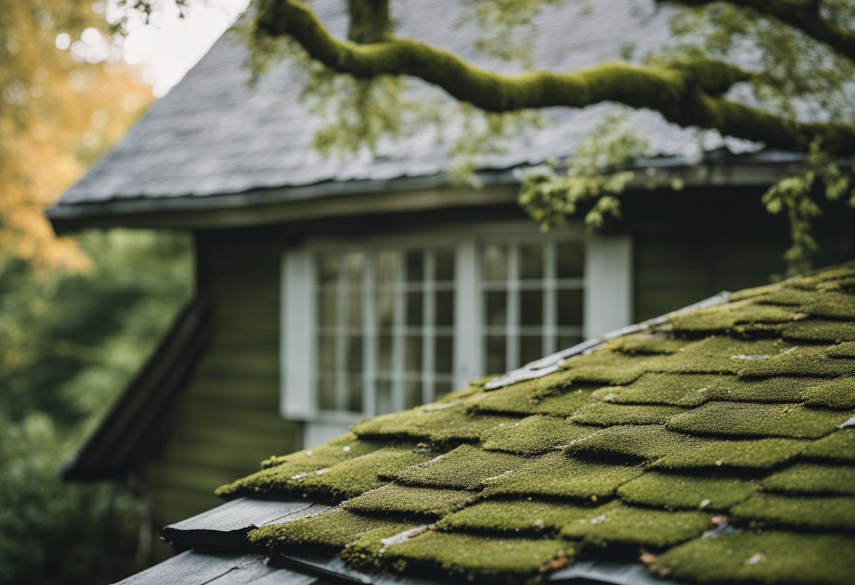 A roof with curling shingles, visible water damage, and moss growth, surrounded by aging trees and faded paint on the house