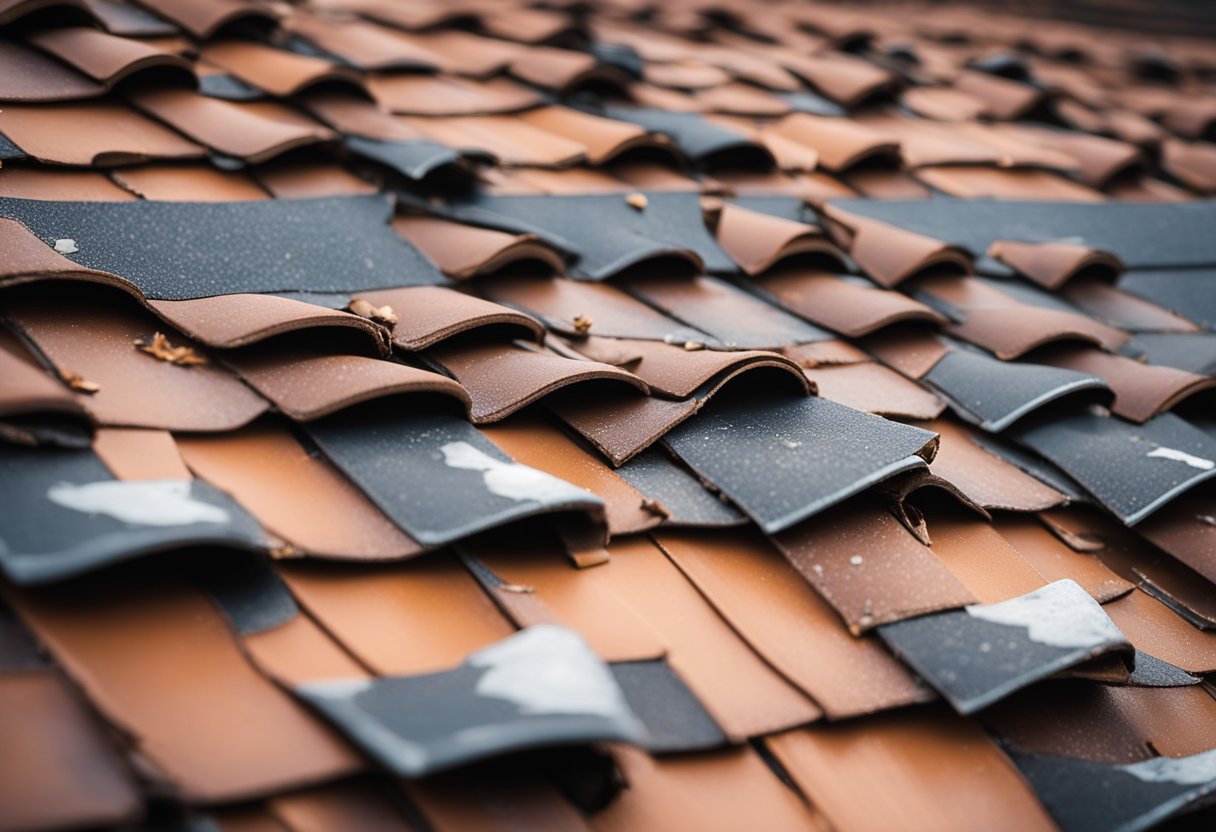 A roof with missing shingles, water stains, sagging, rusted flashing, and cracked seals. 10 signs of wear and tear