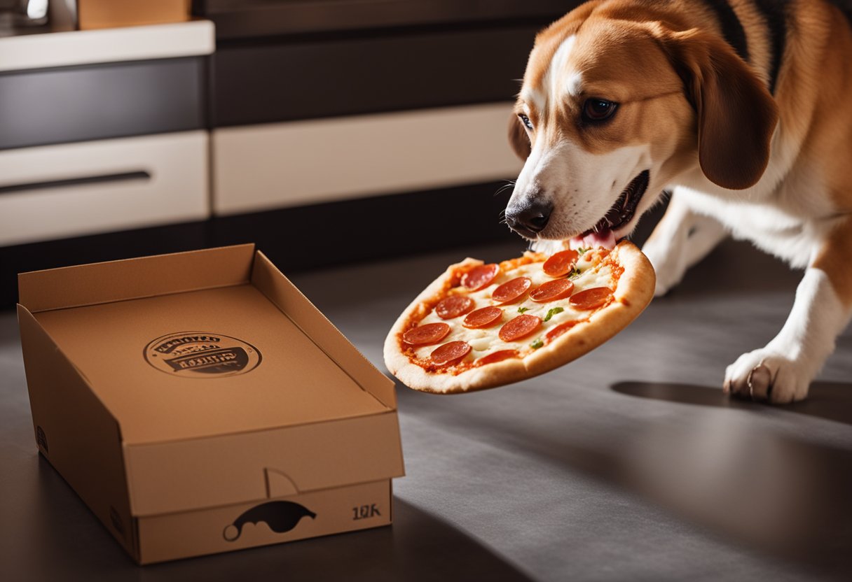 A dog eagerly snatches a slice of Pepperoni Pizza from a Pizza Hut box, drool dripping from its mouth as it takes a big bite