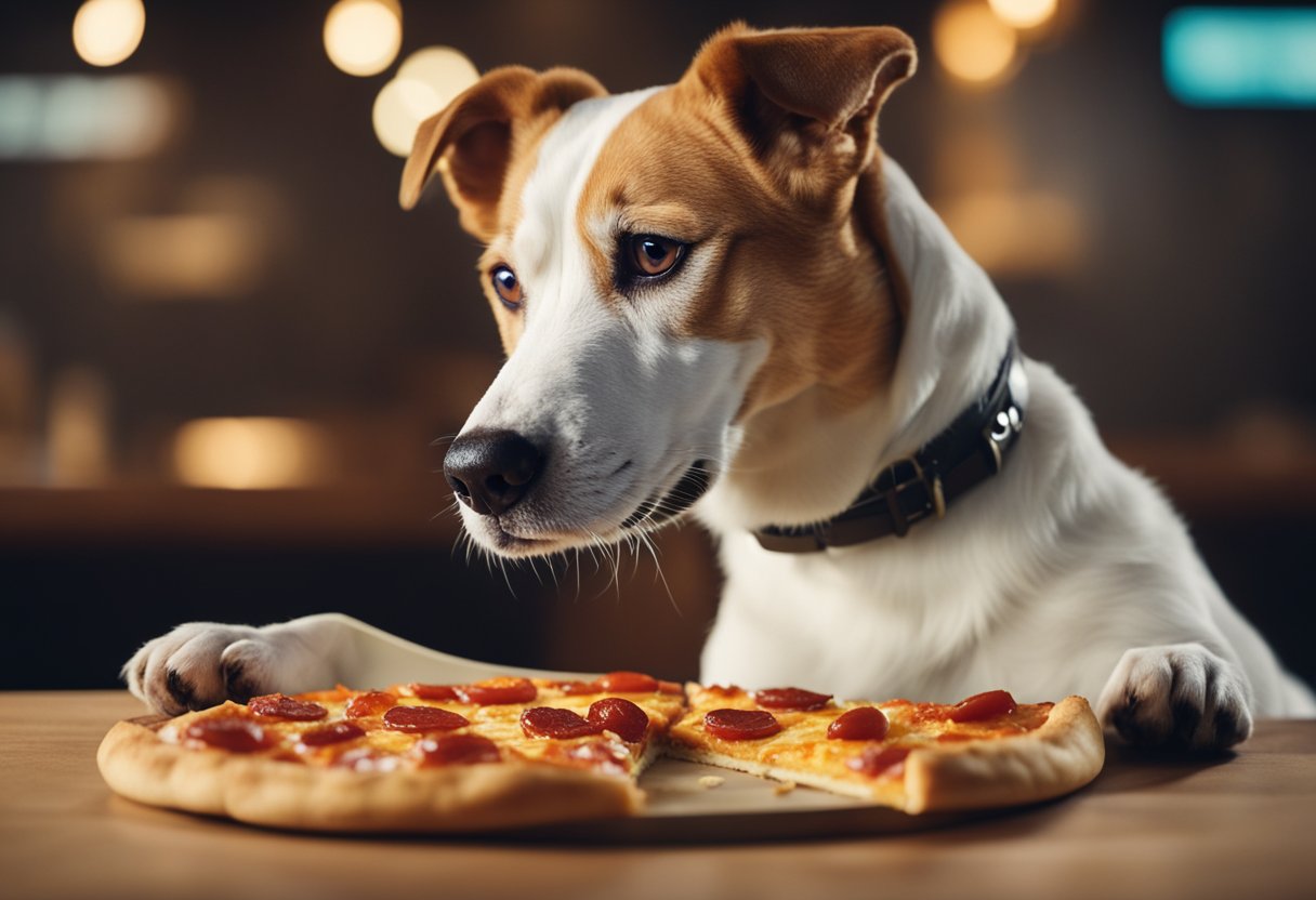 A dog looks at a slice of Pepperoni Pizza from Pizza Hut with a cautionary sign and a crossed-out symbol, indicating potential health risks