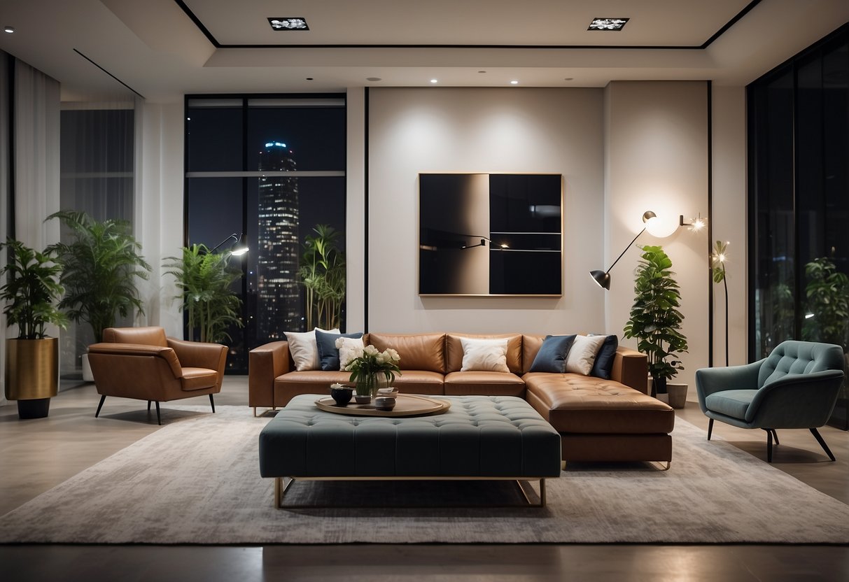 A spacious showroom with modern and stylish furniture displays arranged in an organized and inviting manner. Bright lighting and sleek decor create an upscale atmosphere