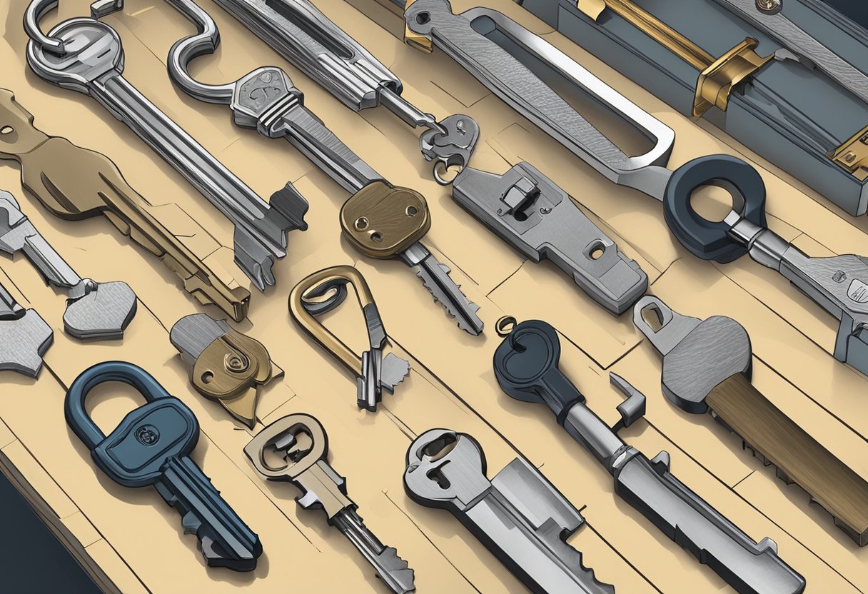 A locksmith in Milton, FL is cutting a key with precision tools. The shop is filled with various locks and key blanks