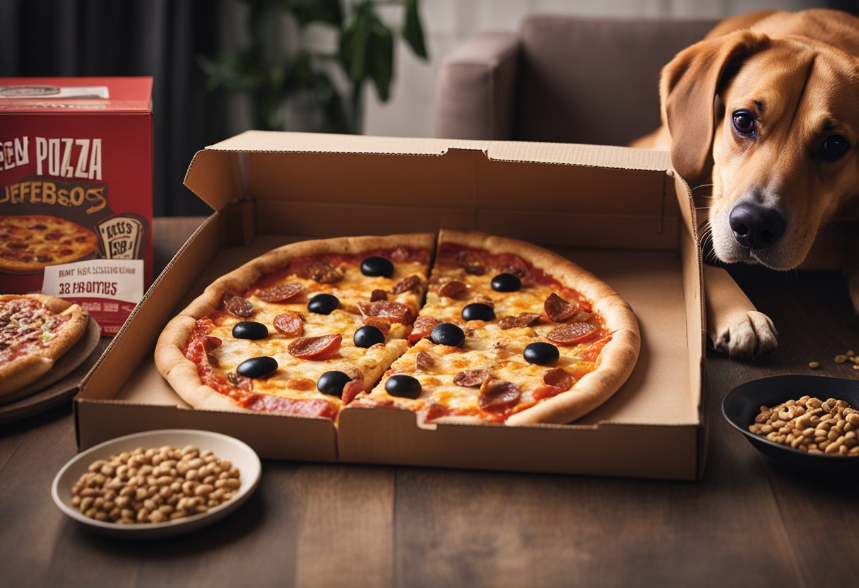 A pizza box with pepperoni pizza, surrounded by dog food and a concerned dog looking at it