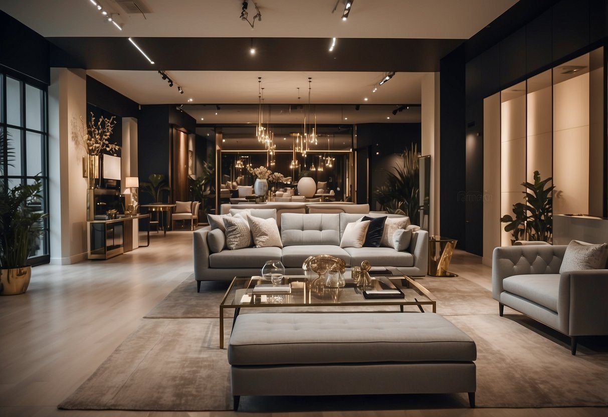 A bustling showroom filled with modern and luxurious furniture displays, with elegant lighting and sleek decor