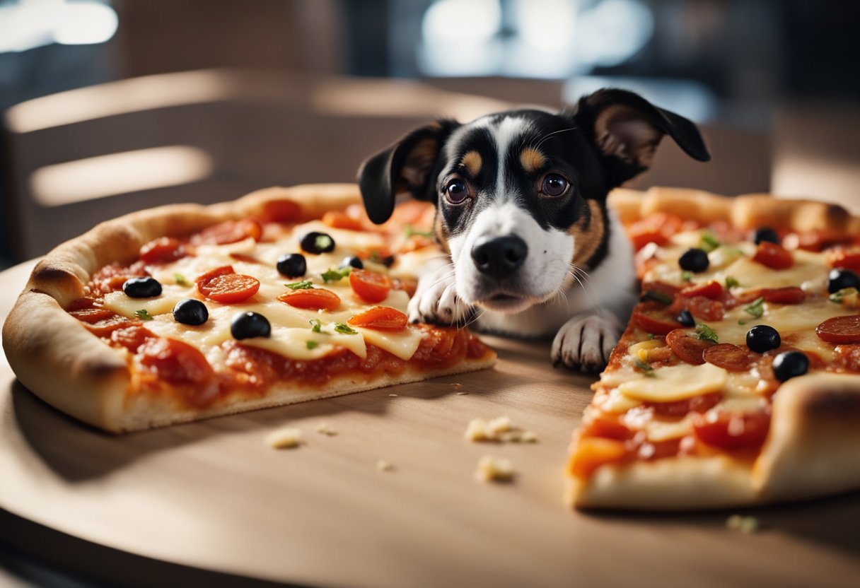 A dog eagerly sniffs a slice of Pizza Hut pepperoni pizza, its tail wagging with excitement. The gooey cheese and savory toppings tempt the canine, while the dough sits untouched, waiting to potentially impact the dog's health