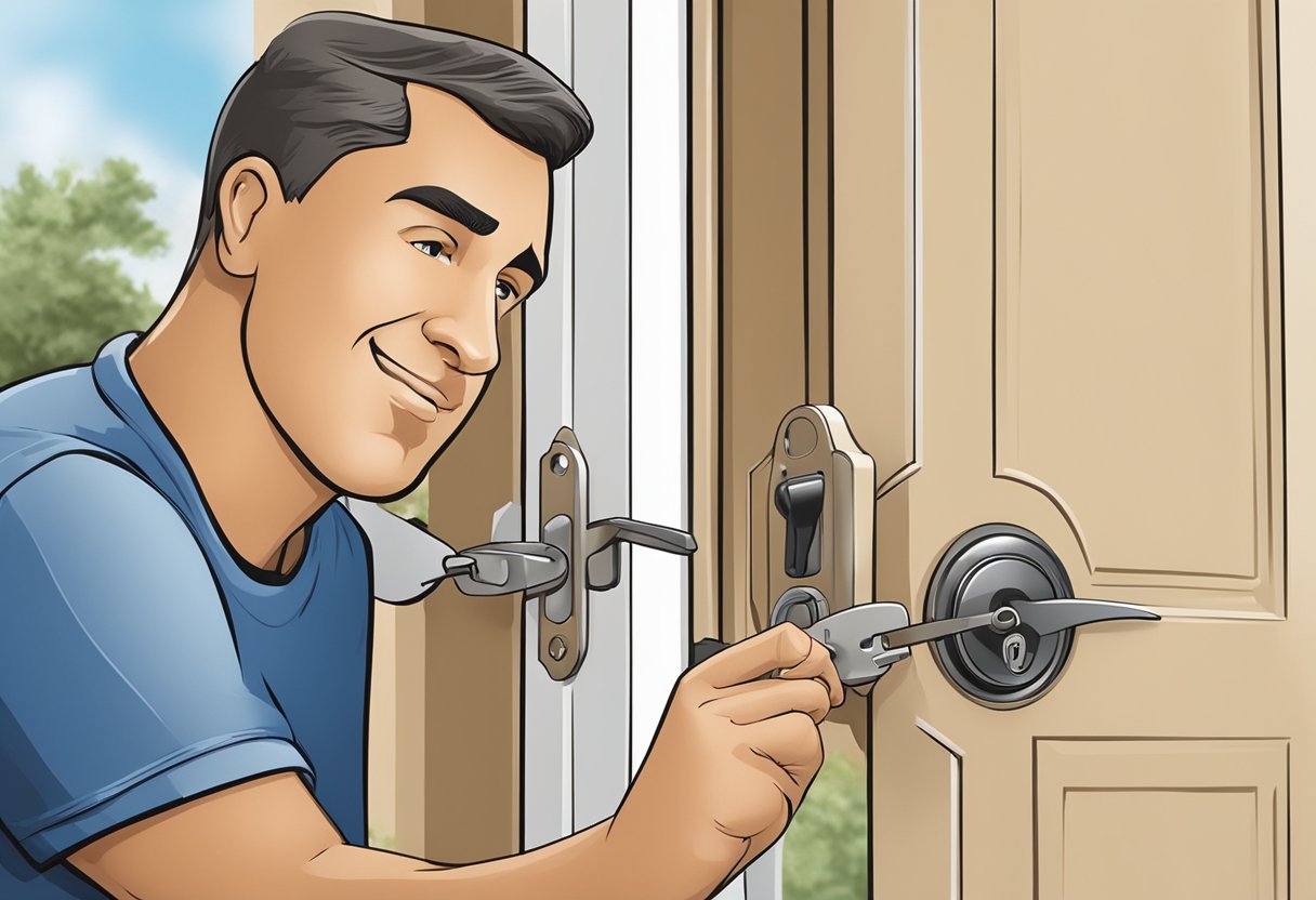 A locksmith in Milton, FL, unlocks a residential door with a key and a lock pick tool