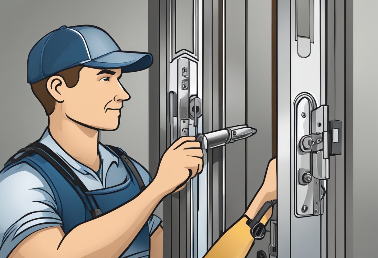 A locksmith in Milton, FL expertly unlocks a commercial door with precision tools and skill