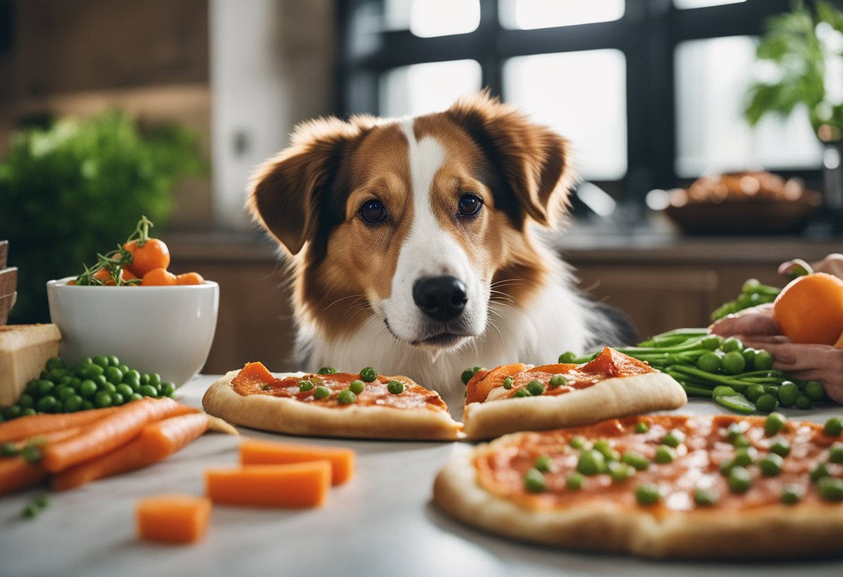 A dog happily eating a slice of pizza alternative, surrounded by dog-friendly ingredients like carrots, peas, and lean meats