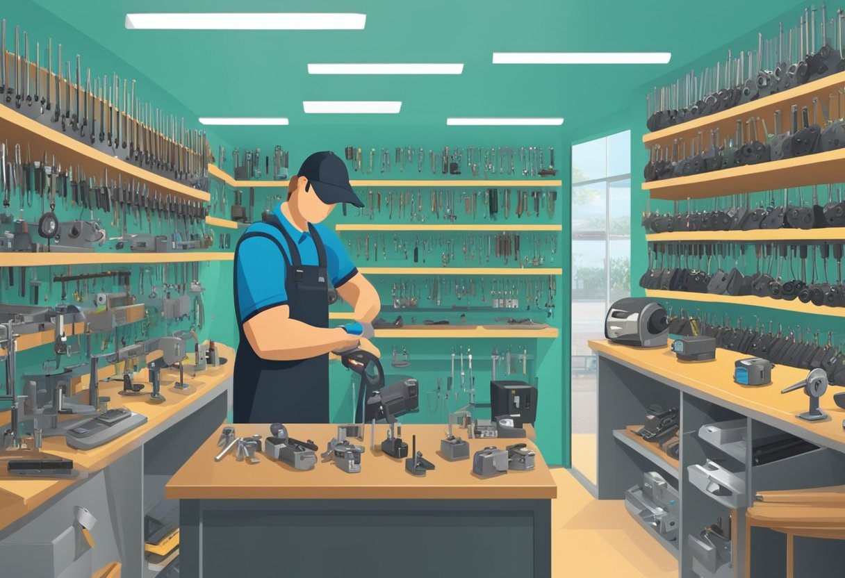 A locksmith in Milton, FL duplicates and replaces keys at their shop, surrounded by key cutting machines and a display of various key blanks