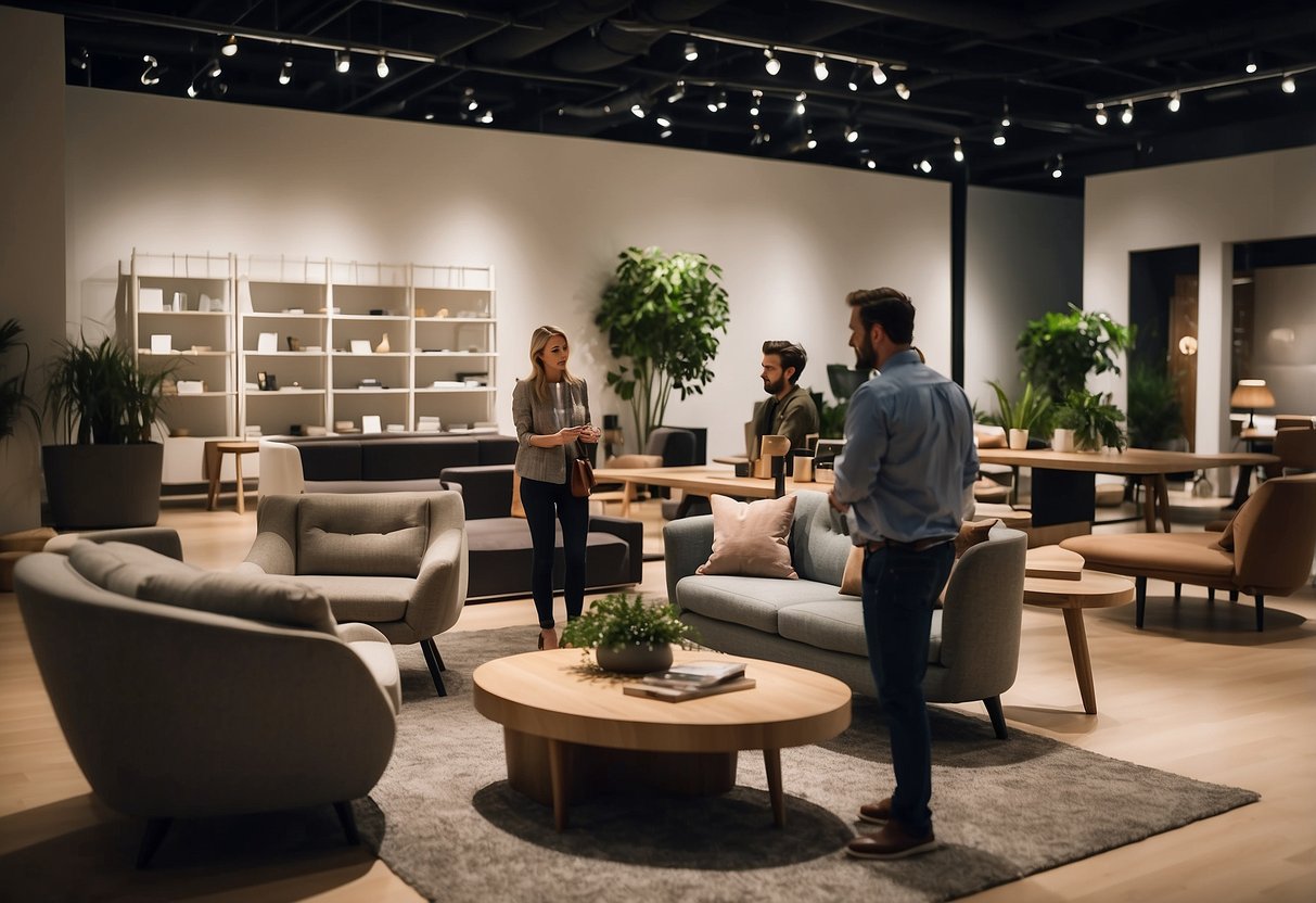 Customers browsing through modern furniture displays in a spacious showroom with helpful staff assisting