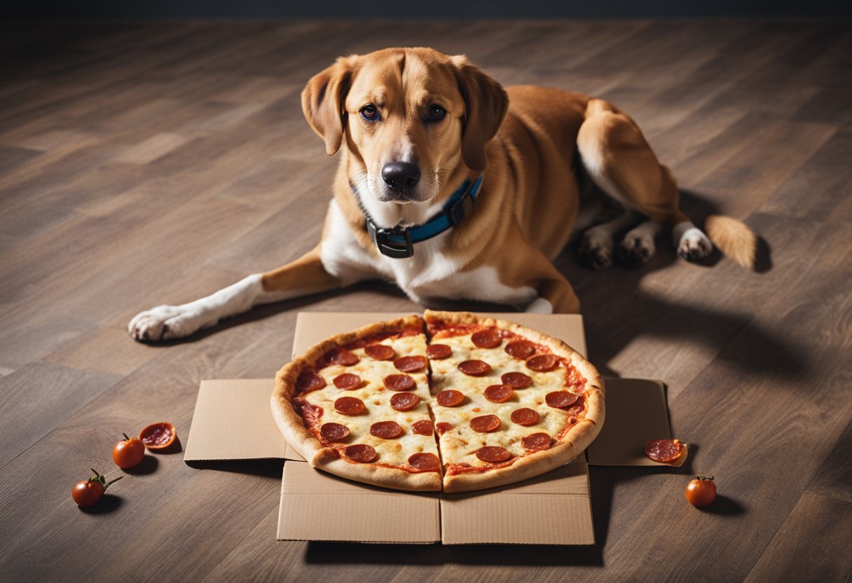 A dog surrounded by a torn pizza box, with pepperoni pizza scattered on the floor. The dog looks guilty, with sauce on its face