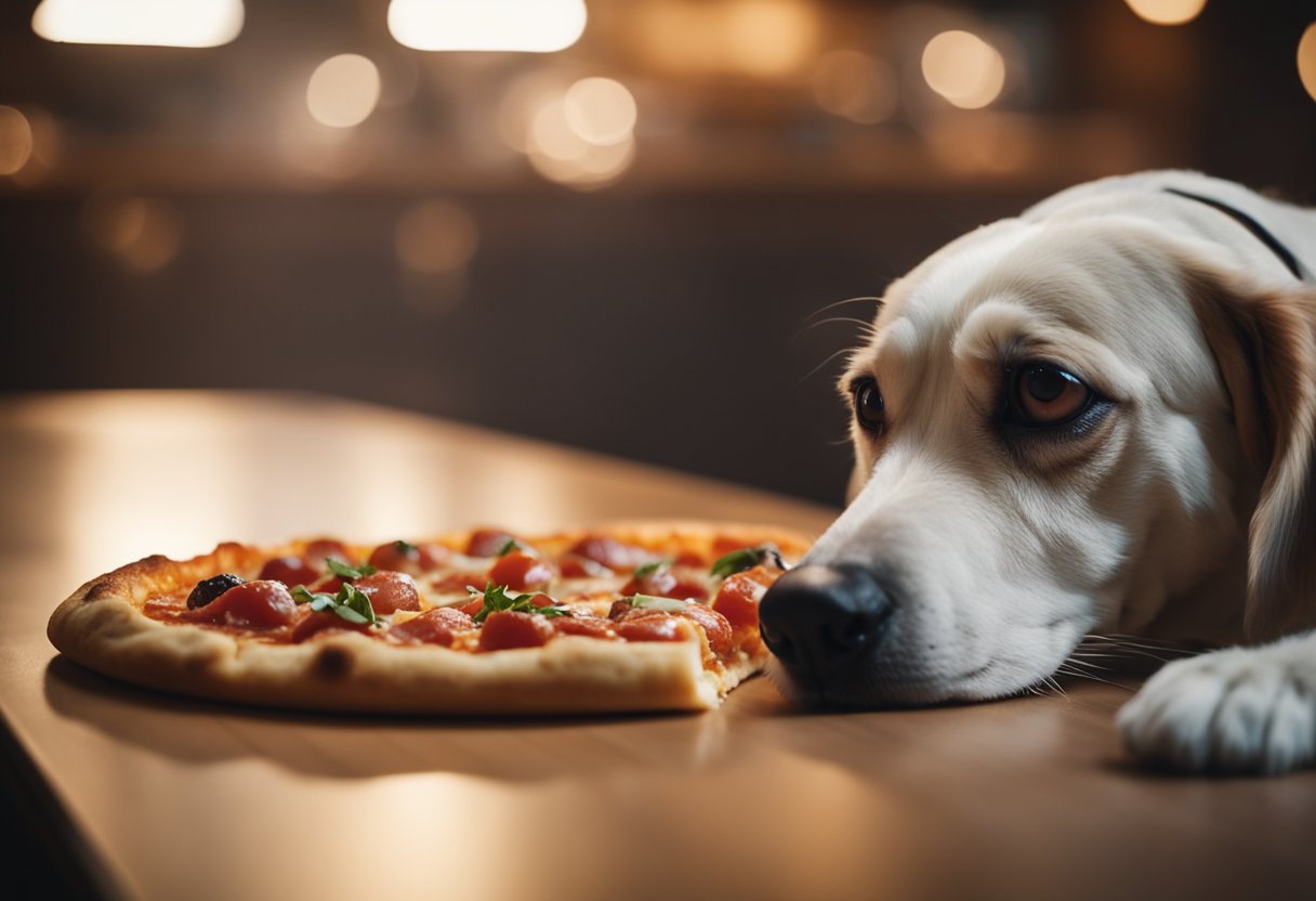 A dog eagerly eyes a slice of pepperoni pizza from Pizza Hut, its tail wagging in anticipation