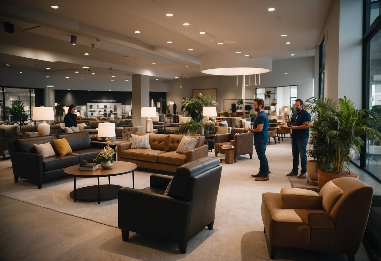A bustling furniture showroom with customers browsing, staff assisting, and a prominent "Frequently Asked Questions" section displayed prominently