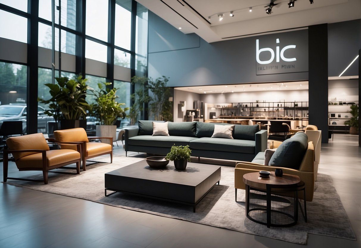 A spacious showroom with modern, sleek furniture arranged in stylish displays. Bright lighting and clean lines create an inviting atmosphere