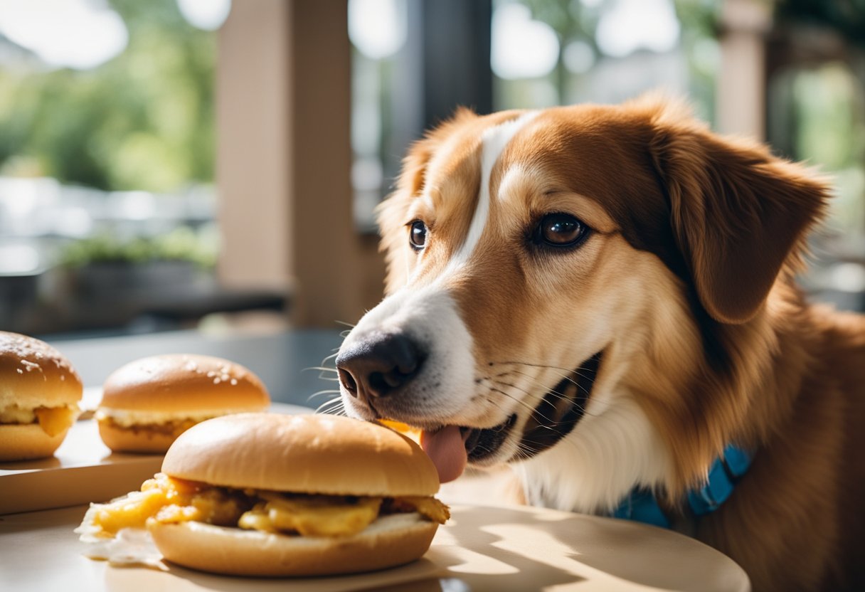 A happy dog eagerly devours a Chick-fil-A chicken sandwich, wagging its tail in excitement