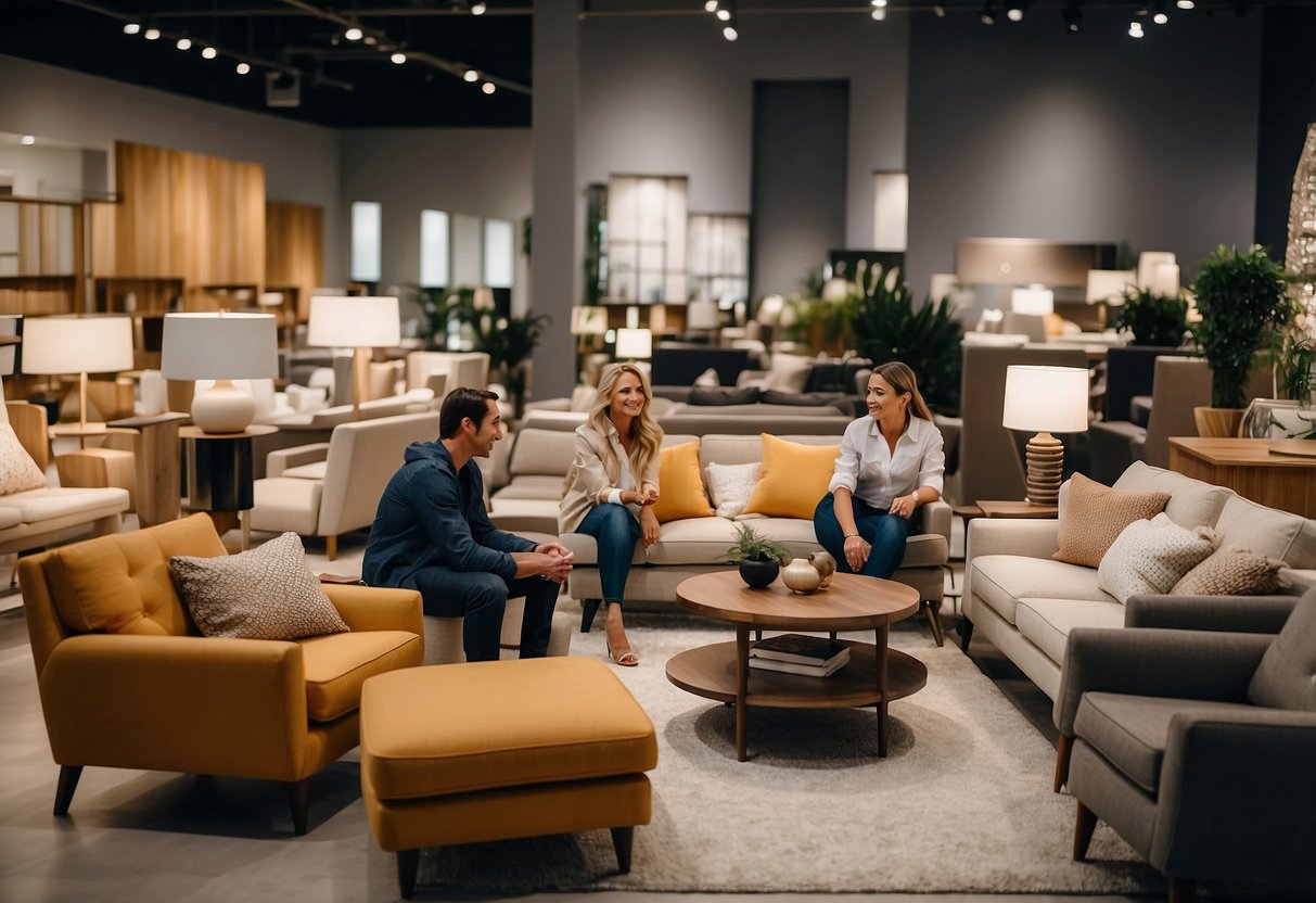 Customers browsing furniture displays at Mega Furniture. Brightly lit showroom with modern and classic pieces. Staff assisting and guiding shoppers