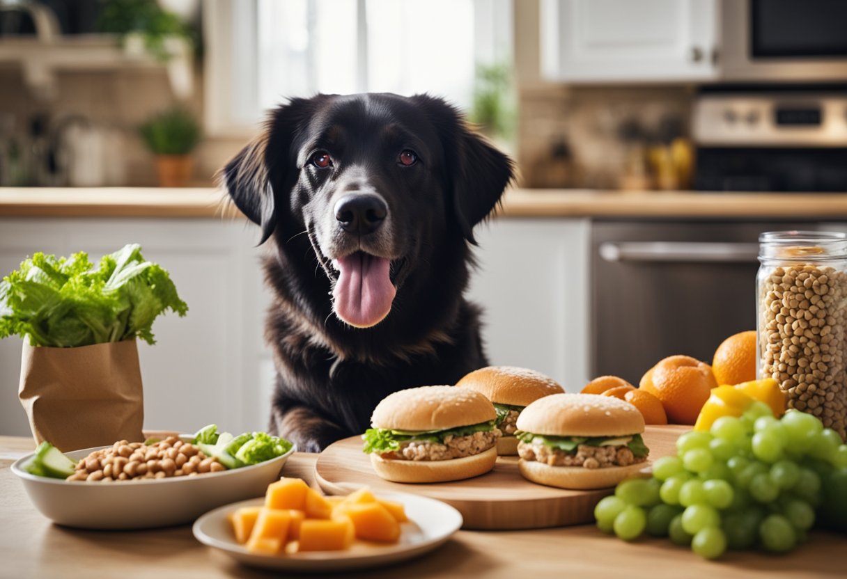 A happy dog eagerly eats a homemade chicken sandwich, surrounded by bowls of fresh fruits, vegetables, and a bag of premium dog food.