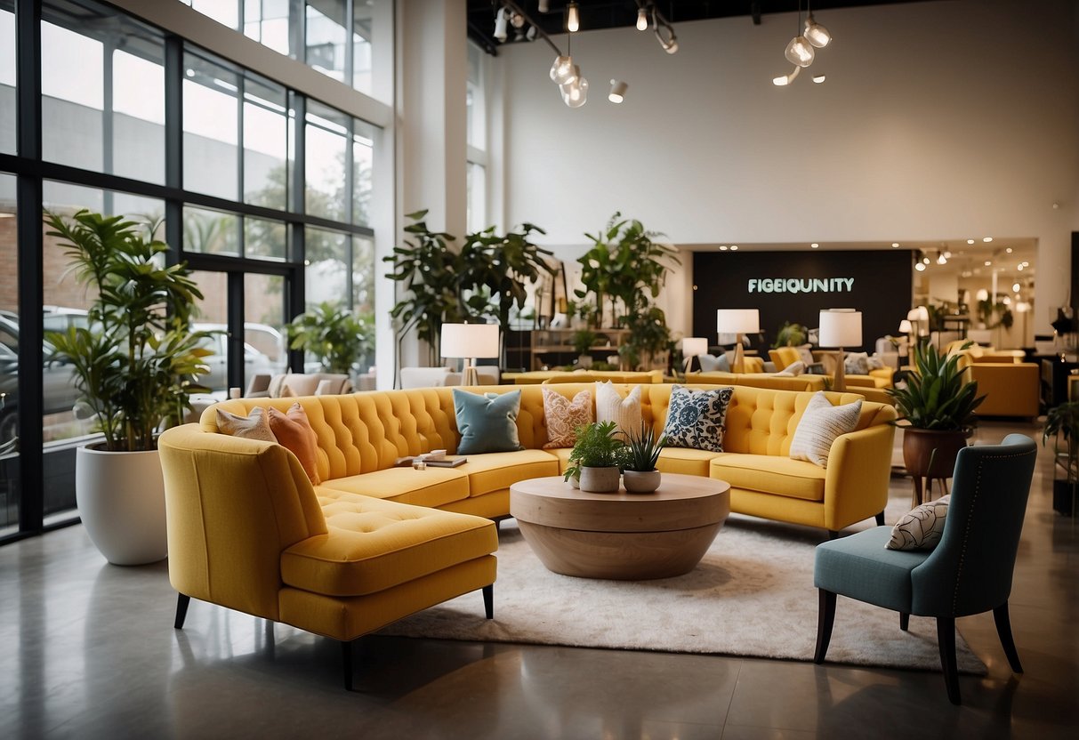 A bright, modern furniture store with a large "Frequently Asked Questions" sign. Shoppers browse stylish displays and consult staff