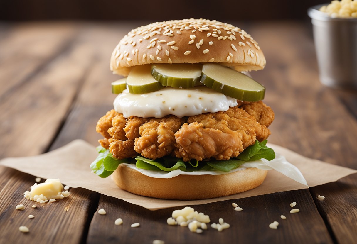 A Chick-fil-A chicken sandwich sits on a sesame seed bun with a crispy fried chicken patty, pickles, and a smear of butter.