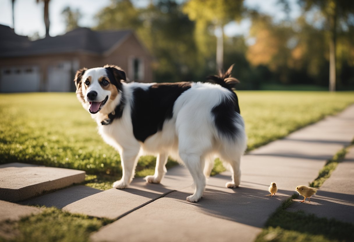 A dog eagerly eyes a Chick-fil-A chicken sandwich, while a concerned owner looks on. The dog's tail wags as it waits for a bite, unaware of potential health risks.