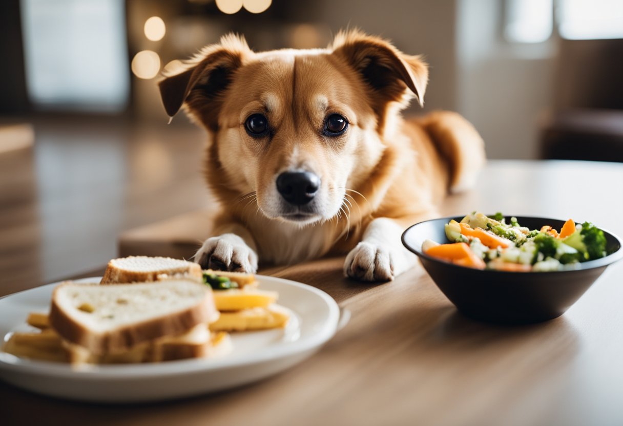 A dog happily eats from a bowl filled with dog-friendly alternatives to Chick-fil-A, such as grilled chicken and vegetables, while a Chick-fil-A sandwich sits untouched nearby.