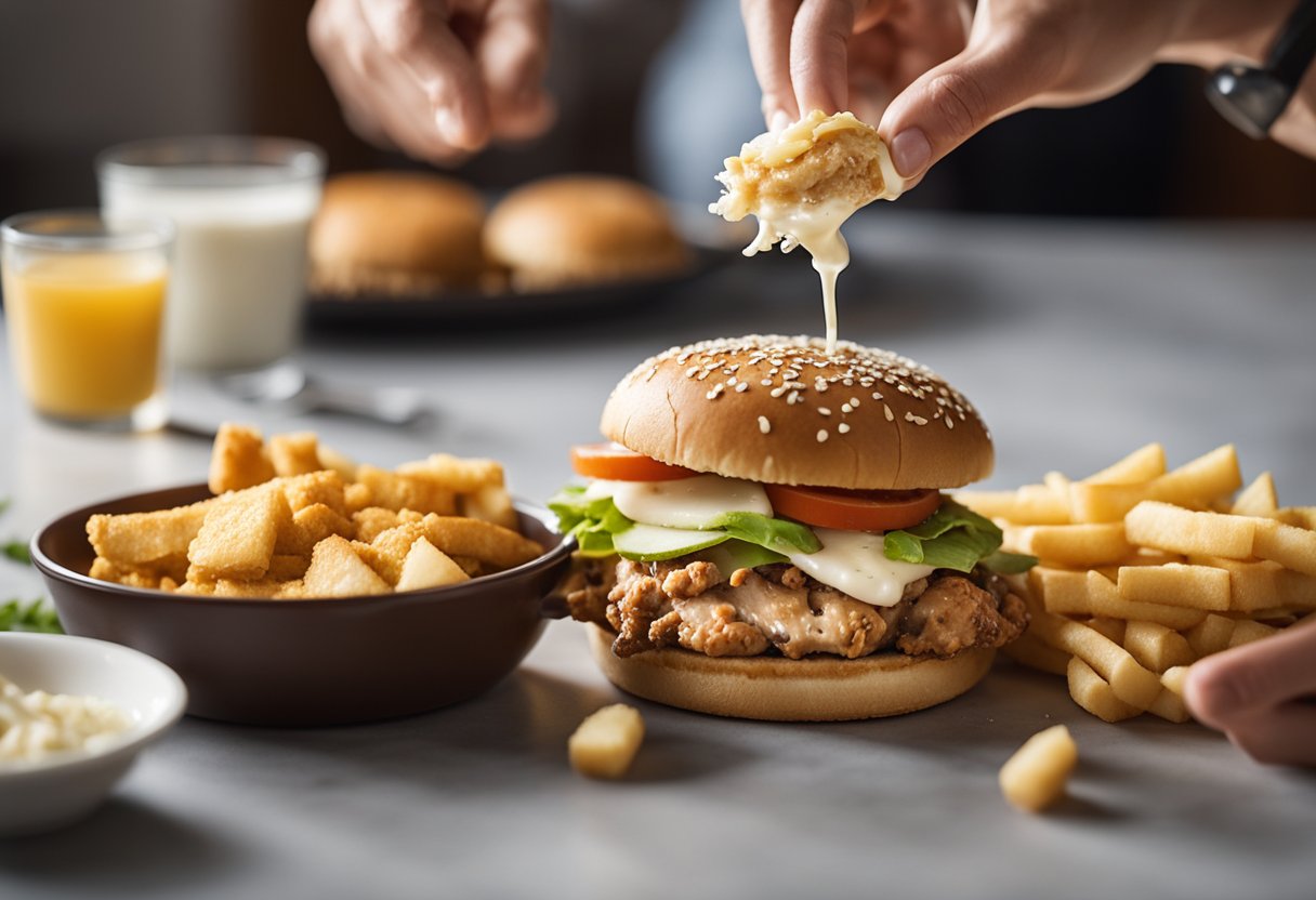 A dog eagerly devours a Chick-fil-A chicken sandwich, while a hand holds a measuring cup to show proper portion control.