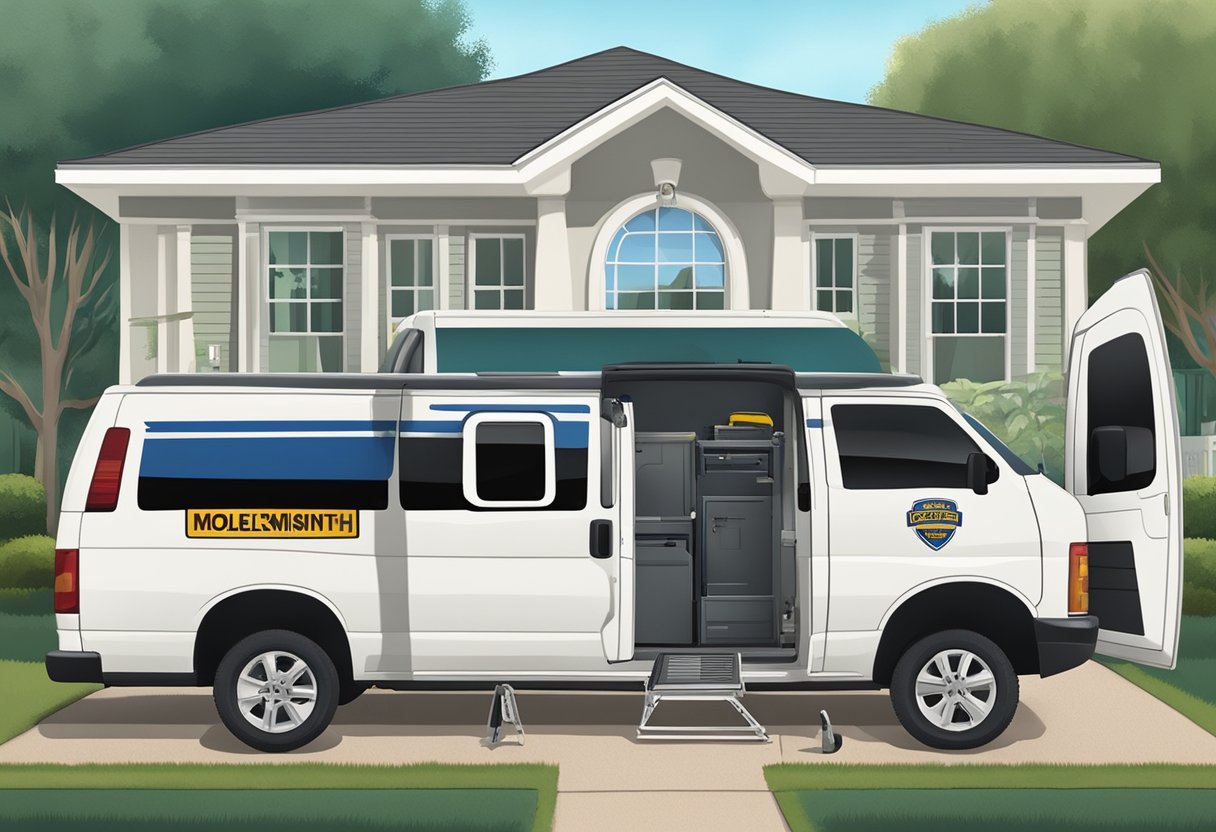 A locksmith van parked outside a suburban home, with tools and key-making equipment visible through the windows. The van is labeled "Mobile Locksmith Convenience Locksmith Milton FL."