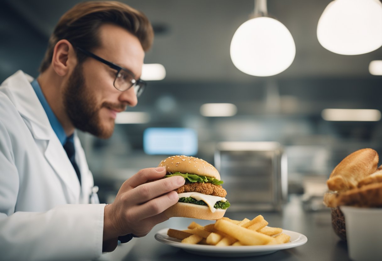 A veterinarian examines a Chick-fil-A chicken sandwich, discussing its safety for dogs.