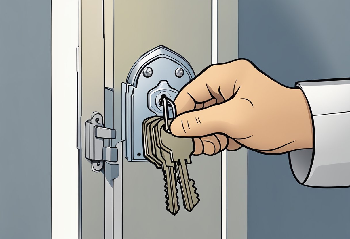 A locksmith in Milton, FL selects a key from a ring of various keys, preparing to unlock a door