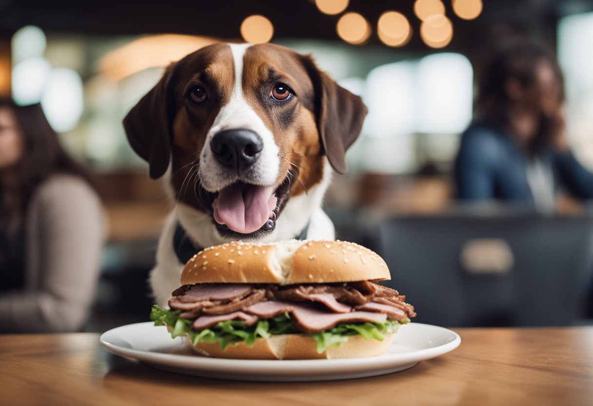 A dog eagerly devours an Arby's roast beef sandwich, wagging its tail in excitement.