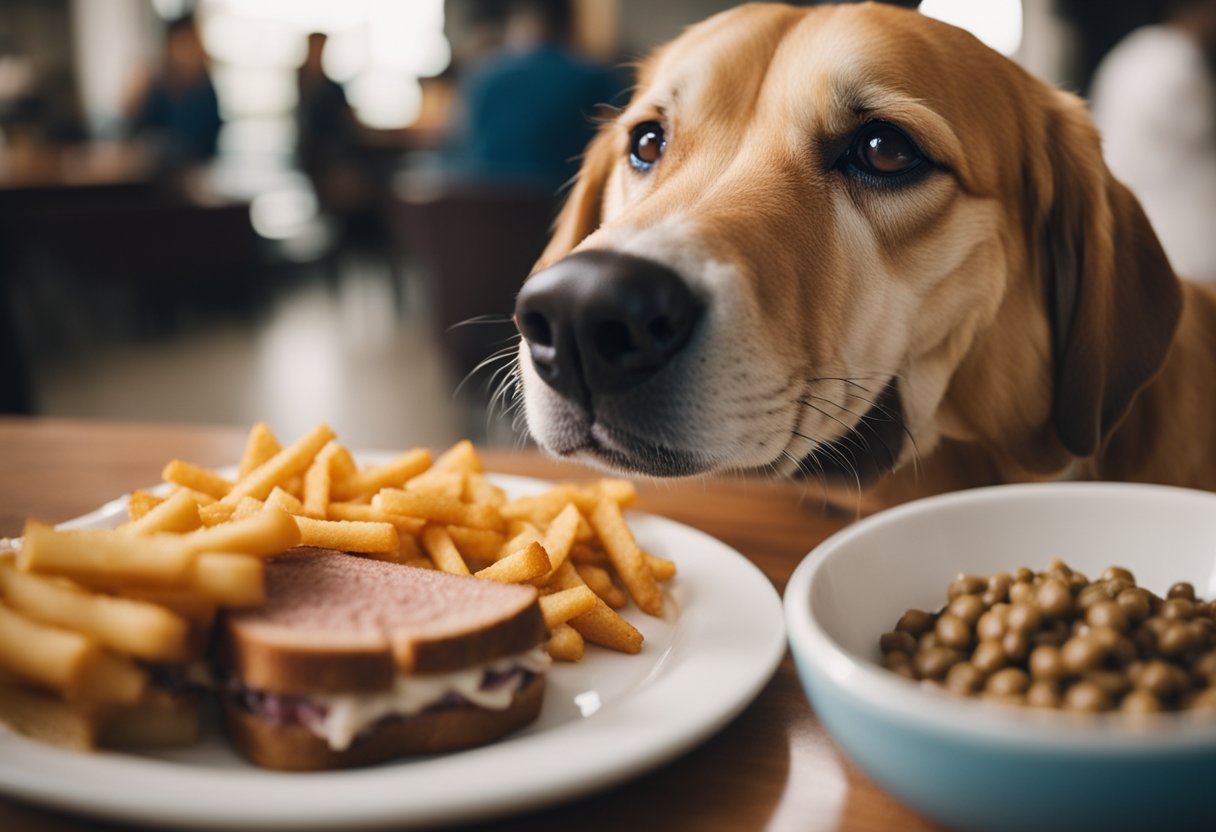 A dog eagerly eyes an Arby's roast beef sandwich on a table, with a bowl of kibble nearby.