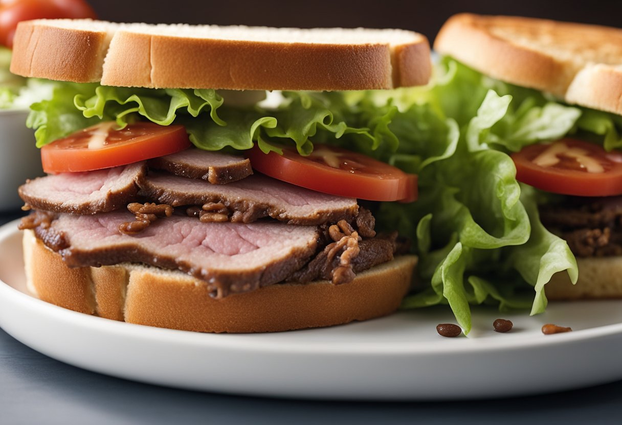 An Arby's roast beef sandwich sits on a plate, surrounded by lettuce and tomato. A curious dog sniffs at the sandwich, its tail wagging in anticipation.