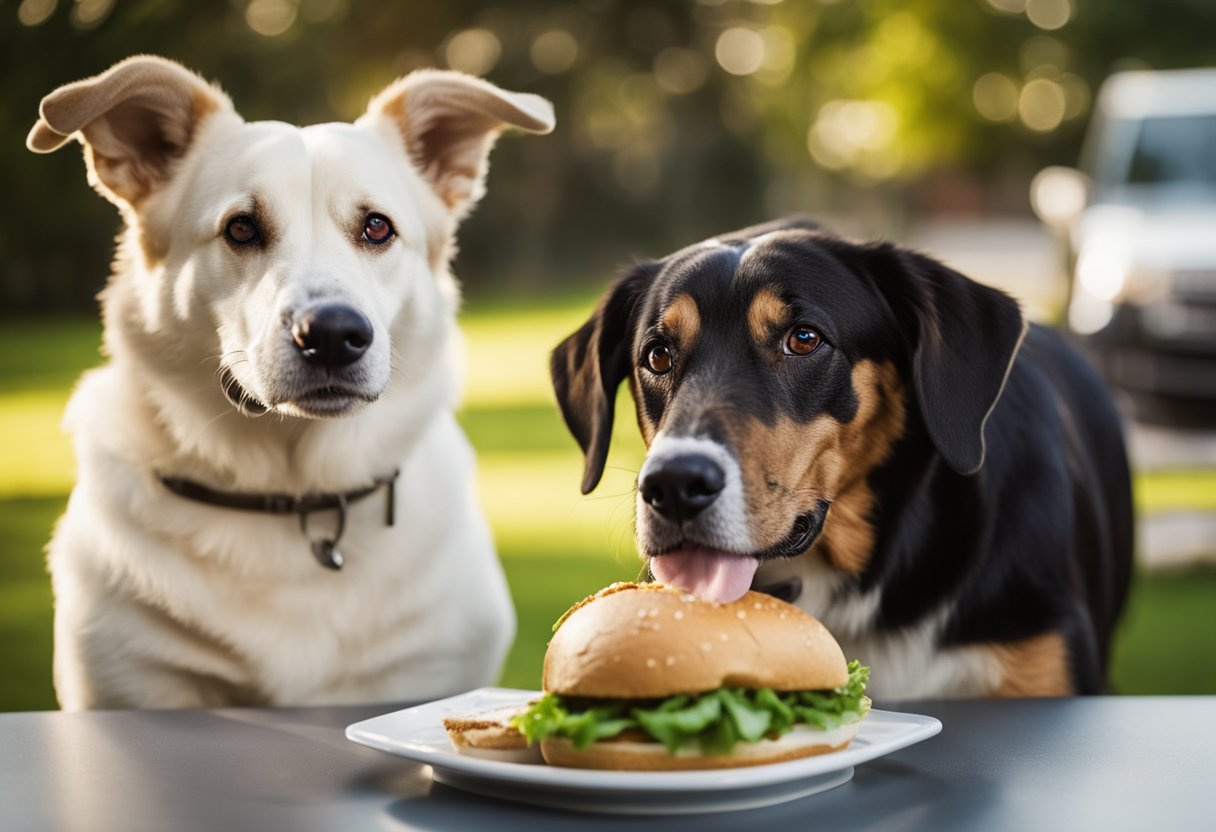 A dog eagerly eyes an Arby's roast beef sandwich, saliva dripping from its mouth. A concerned owner looks on, pondering the potential health implications.