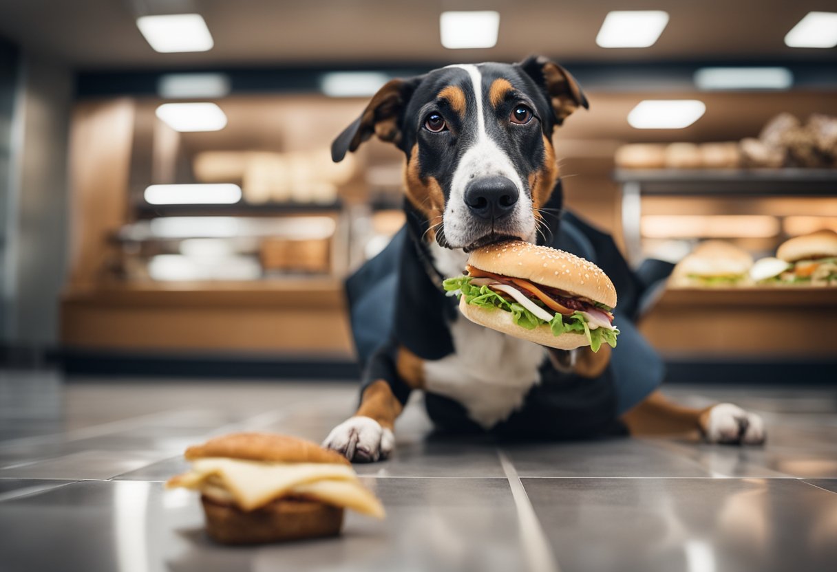 A dog eagerly sniffs an Arby's roast beef sandwich on a clean, tiled floor. A concerned owner looks on, holding a pamphlet on responsible feeding practices for dogs.