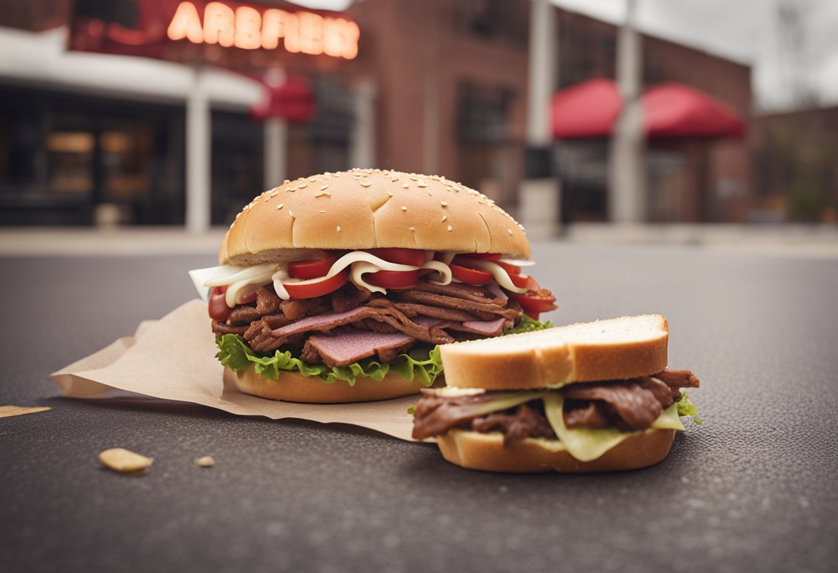 A dog sniffs a discarded Arby's roast beef sandwich, while a caution sign with a red X is displayed nearby.