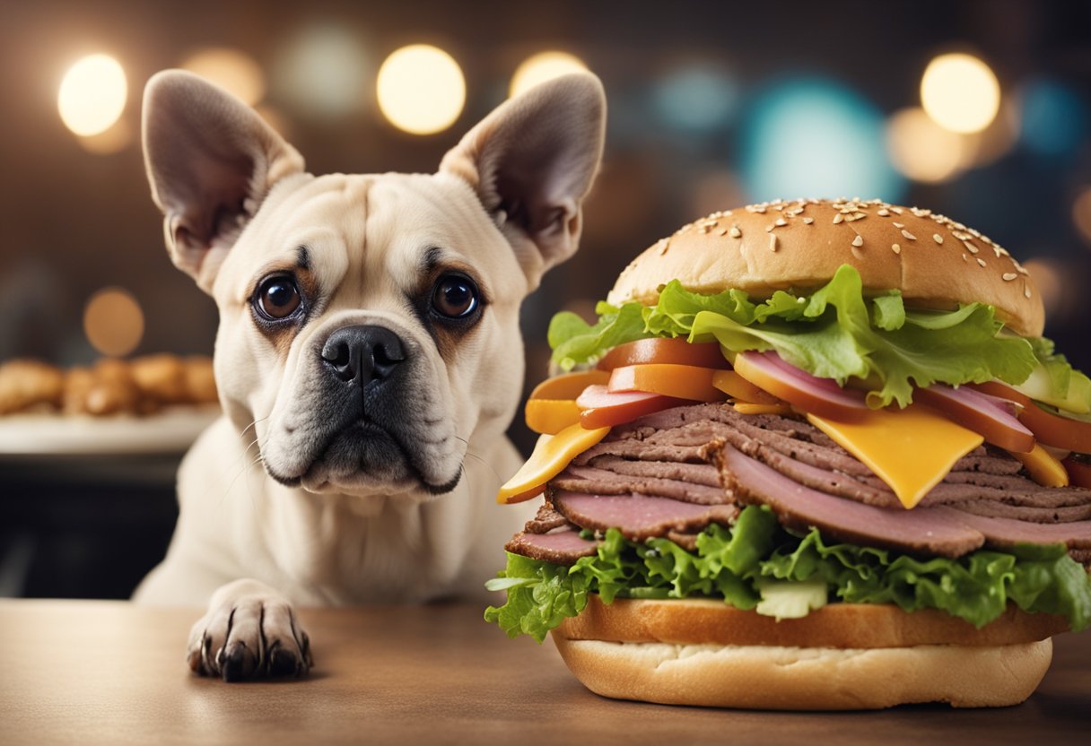 A dog eagerly eyes a table with an Arby's roast beef sandwich. The sandwich is surrounded by various dog-friendly alternatives.