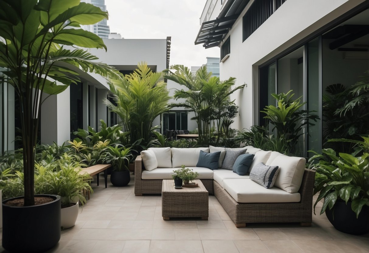 A cozy outdoor patio in Singapore, featuring modern furniture and lush greenery