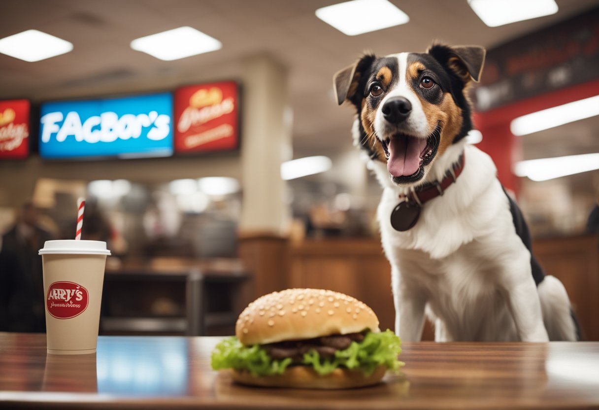 A happy dog with a wagging tail eagerly awaits a delicious Arby's roast beef sandwich, while a sign with "FAQs About Dogs and Arby's Roast Beef" hangs in the background.