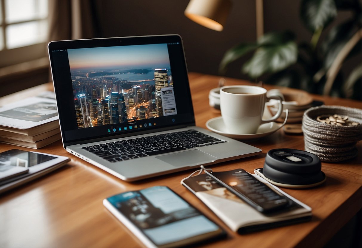 A laptop displaying a website with various furniture options, surrounded by home decor magazines and a measuring tape