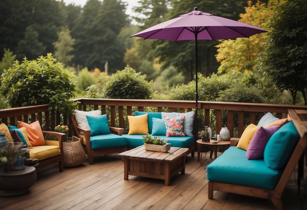 A cozy outdoor space with a wooden deck, surrounded by lush greenery. A comfortable sofa and chairs with colorful cushions, a coffee table, and a stylish umbrella complete the setting