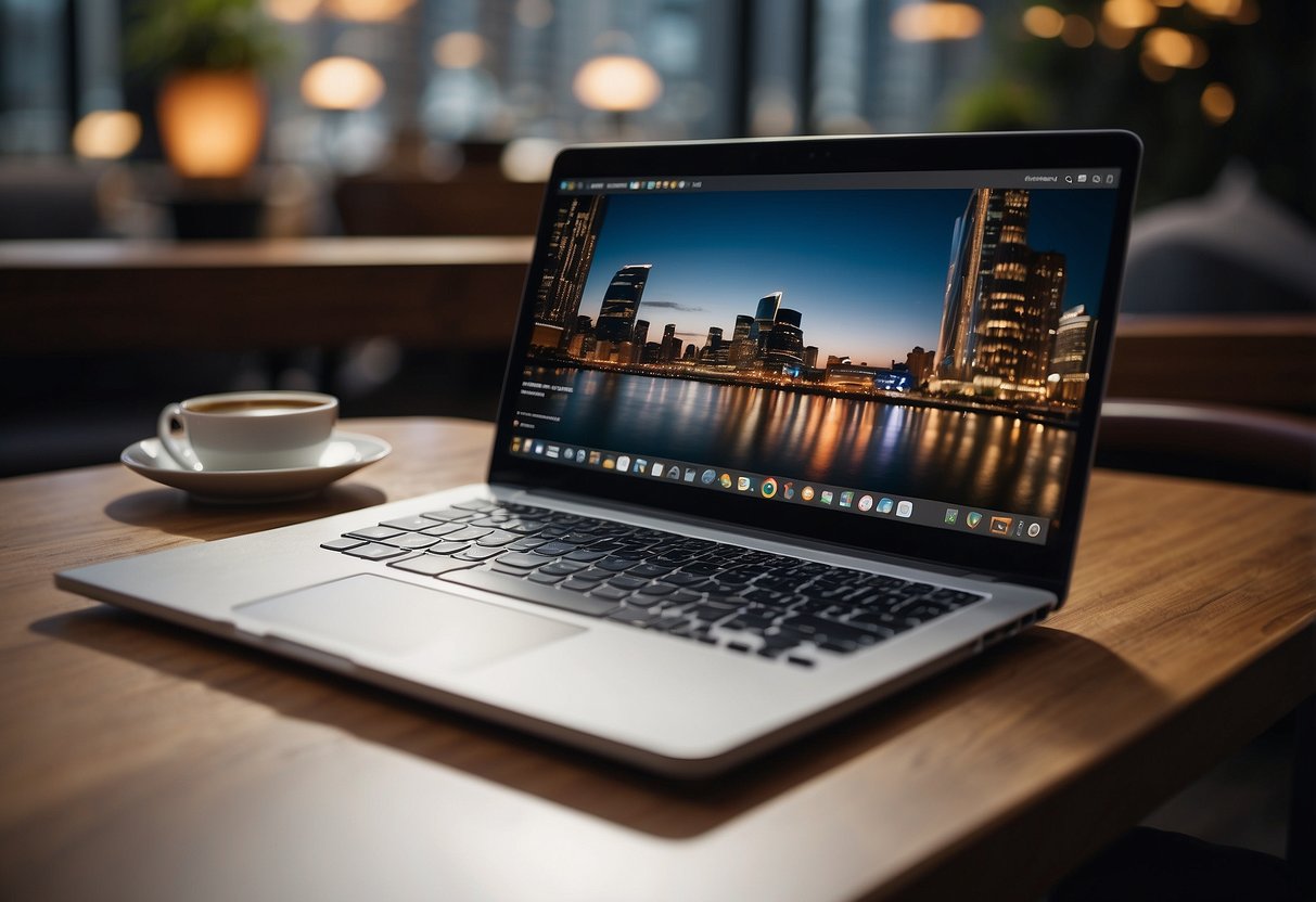 A laptop open on a desk, with a variety of furniture websites displayed on the screen. A cup of coffee and a notebook sit nearby
