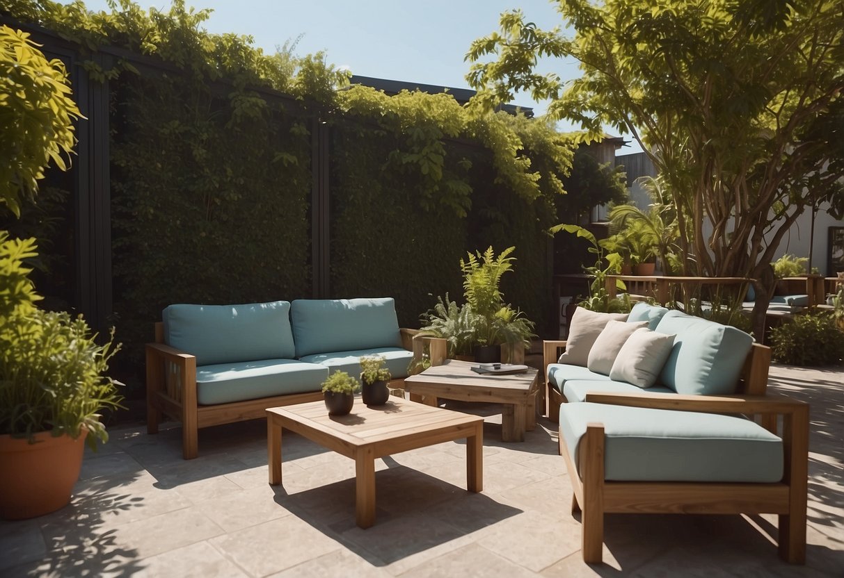A sunny outdoor patio with modern furniture, surrounded by lush greenery and a clear blue sky