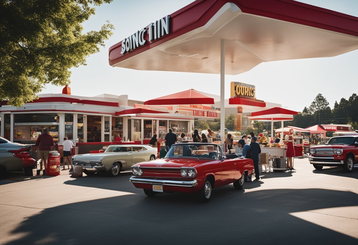 A busy Sonic Drive-In with red and white canopies, cars at the drive-thru, and people enjoying hot dogs at outdoor tables