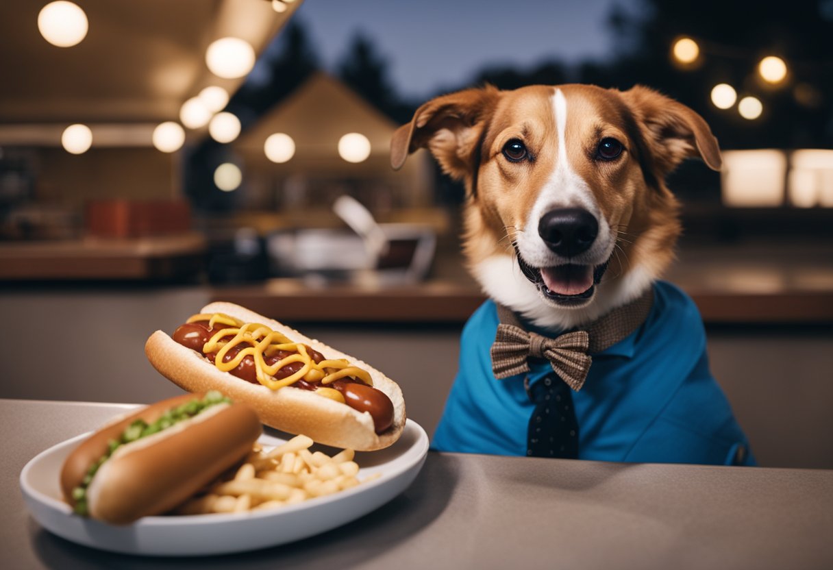 A happy dog eagerly devours a Sonic Drive-In hot dog. A bowl of kibble sits nearby, untouched