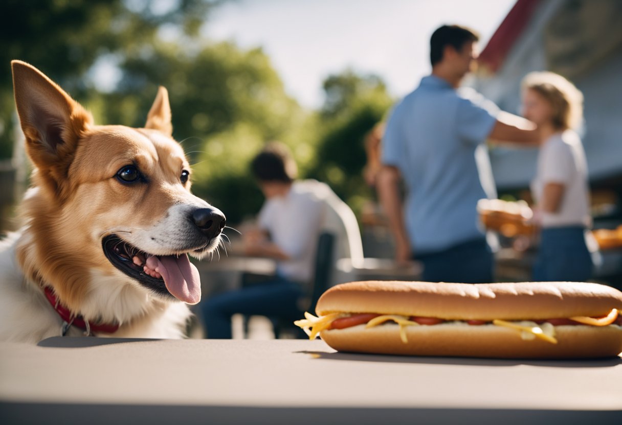 A dog eagerly approaches a Sonic Drive-In hot dog, while a concerned owner tries to pull it away. The dog's tail wags as it eyes the tempting treat